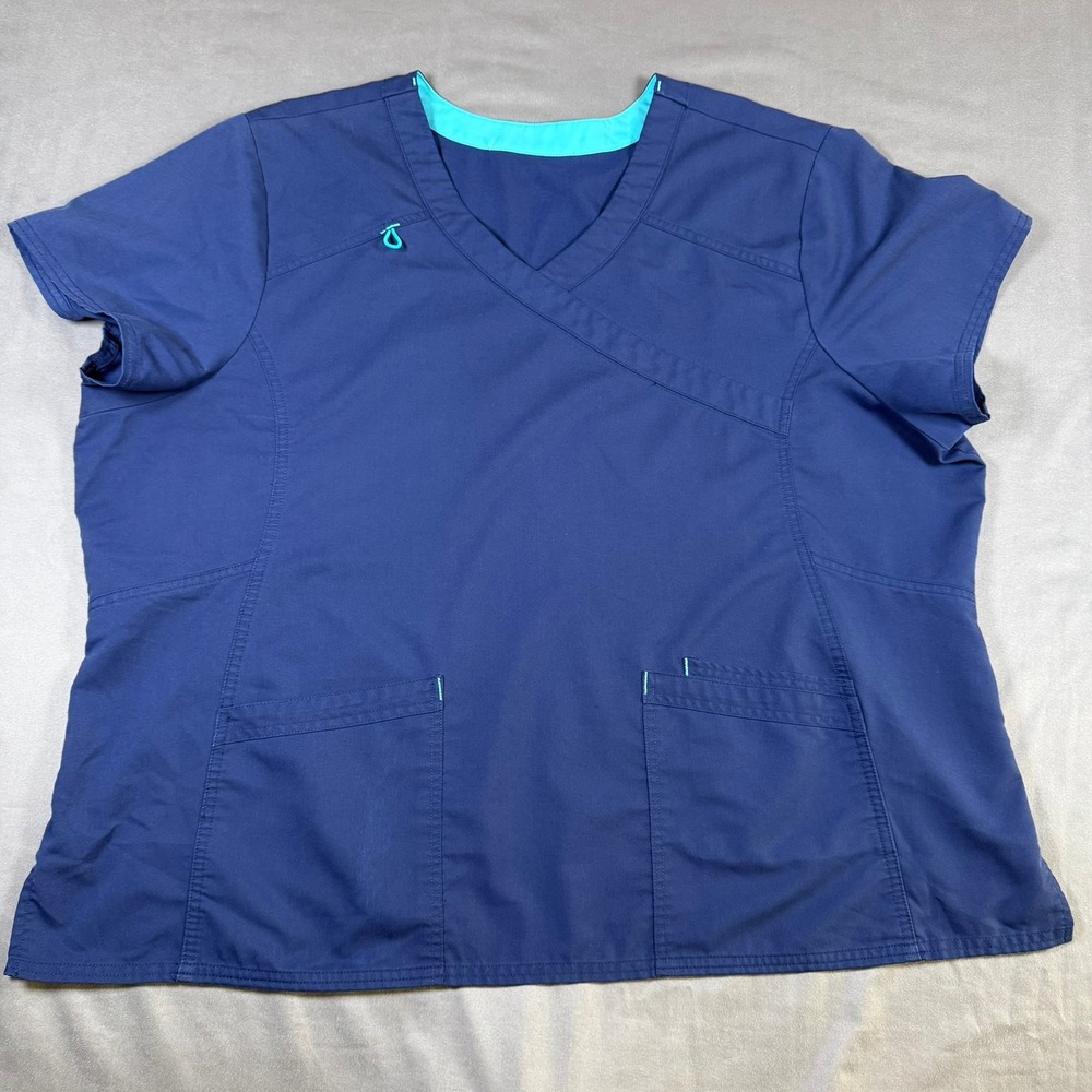 Cherokee Workwear Women‎ 3XL Navy Teal Scrub Top V-Neck Medical Nursing